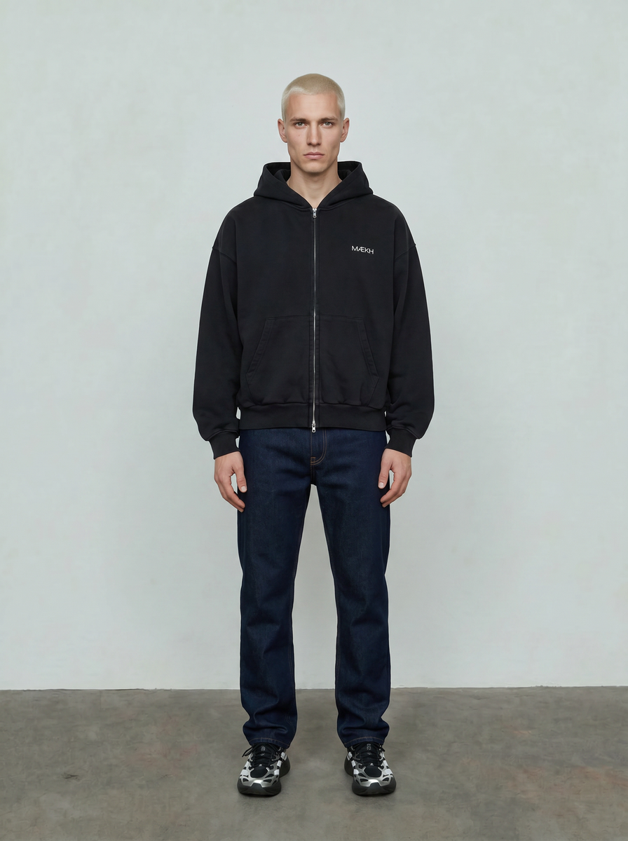 VINTAGE BLACK OVERSIZED ZIPPED HOODIE - MÆKH