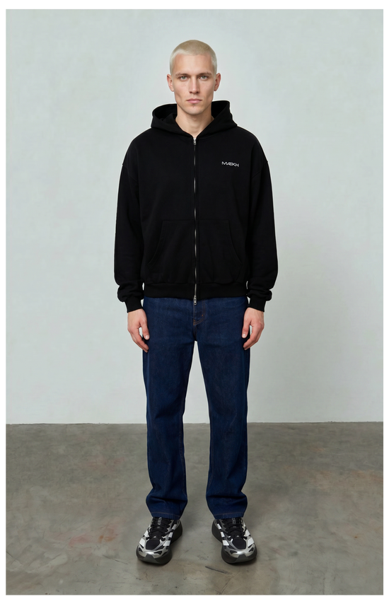 BLACK OVERSIZED ZIPPED HOODIE